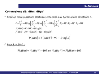 5. Annexes

Conversions dB, dBm, dBµV

 Relation entre puissance électrique et tension aux bornes d’une résistance R.

             V2         P         V         R
          P=    ⇒ 10 log  = 20 log  − 10 log , P0 = 1W , V0 = 1V , R0 = 1Ω
                        P         V         R 
             R           0         0         0
          P( dBW ) = V ( dBV ) − 10 log( R )
          P( dBm ) − 30 = V ( dBµV ) − 120 − 10 log( R )

                          P( dBm ) = V ( dBµV ) − 90 − 10 log( R )

 Pour R = 50 Ω :

            P( dBm ) = V ( dBµV ) − 107 ⇔ V ( dBµV ) = P( dBm ) + 107




                Dimensionnement d’interface radio pour réseaux cellulaires - 4e année IR          81
 