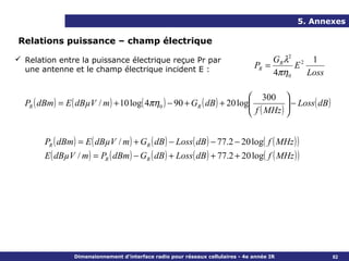 5. Annexes

Relations puissance – champ électrique

 Relation entre la puissance électrique reçue Pr par                                 GR λ2 2 1
  une antenne et le champ électrique incident E :                                PR =      E
                                                                                      4πη0   Loss

                                                                         300 
  PR ( dBm ) = E ( dBµV / m ) + 10 log( 4πη0 ) − 90 + GR ( dB ) + 20 log
                                                                         f ( MHz )  − Loss ( dB )
                                                                                    
                                                                                   


        PR ( dBm ) = E ( dBµV / m ) + GR ( dB ) − Loss ( dB ) − 77.2 − 20 log( f ( MHz ) )
        E ( dBµV / m ) = PR ( dBm ) − GR ( dB ) + Loss ( dB ) + 77.2 + 20 log( f ( MHz ) )




                 Dimensionnement d’interface radio pour réseaux cellulaires - 4e année IR             82
 