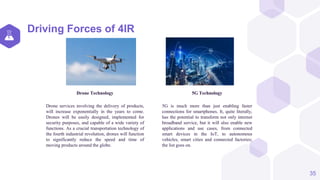 Driving Forces of 4IR
35
Drone Technology
Drone services involving the delivery of products,
will increase exponentially in the years to come.
Drones will be easily designed, implemented for
security purposes, and capable of a wide variety of
functions. As a crucial transportation technology of
the fourth industrial revolution, drones will function
to significantly reduce the speed and time of
moving products around the globe.
5G Technology
5G is much more than just enabling faster
connections for smartphones. It, quite literally,
has the potential to transform not only internet
broadband service, but it will also enable new
applications and use cases, from connected
smart devices in the IoT, to autonomous
vehicles, smart cities and connected factories;
the list goes on.
 
