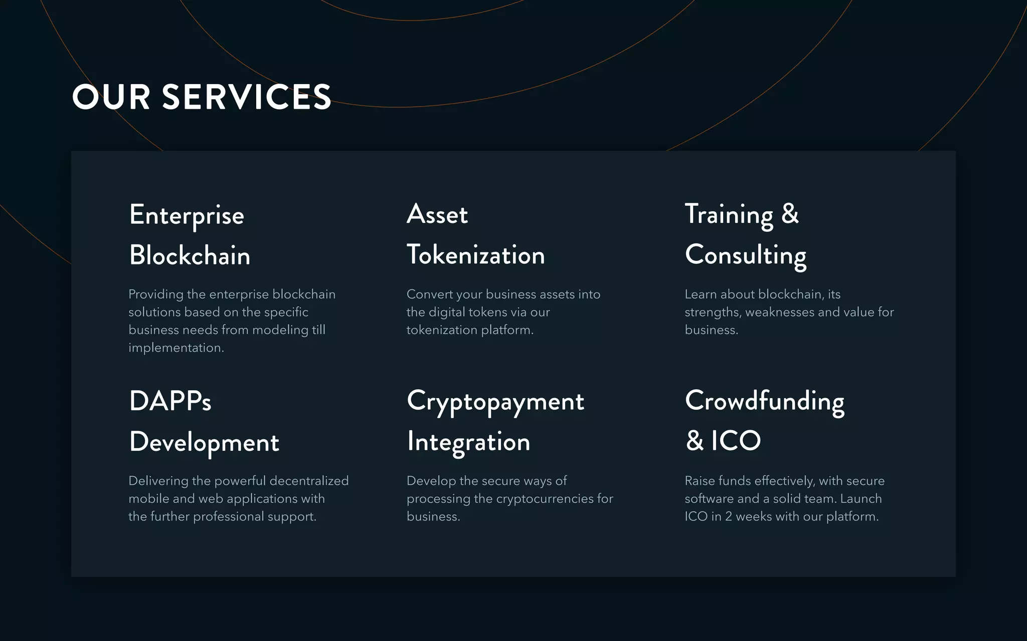 OUR SERVICES
Convert your business assets into
the digital tokens via our
tokenization platform.
Asset
Tokenization
Develop the secure ways of
processing the cryptocurrencies for
business.
Cryptopayment
Integration
Raise funds effectively, with secure
software and a solid team. Launch
ICO in 2 weeks with our platform.
Crowdfunding
& ICO
Learn about blockchain, its
strengths, weaknesses and value for
business.
Training &
Consulting
Delivering the powerful decentralized
mobile and web applications with
the further professional support.
DAPPs
Development
Providing the enterprise blockchain
solutions based on the speciﬁc
business needs from modeling till
implementation.
Enterprise
Blockchain
 