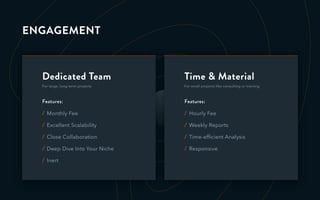 ENGAGEMENT
For large, long-term projects
Dedicated Team
Features:
Monthly Fee
Excellent Scalability
Close Collaboration
Deep Dive Into Your Niche
Inert
/
/
/
/
/
For small projects like consulting or training
Time & Material
Features:
Hourly Fee
Weekly Reports
Time-efﬁcient Analysis
Responsive
/
/
/
/
 