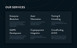 OUR SERVICES
Convert your business assets into
the digital tokens via our
tokenization platform.
Asset
Tokenization
Develop the secure ways of
processing the cryptocurrencies for
business.
Cryptopayment
Integration
Raise funds effectively, with secure
software and a solid team. Launch
ICO in 2 weeks with our platform.
Crowdfunding
& ICO
Learn about blockchain, its
strengths, weaknesses and value for
business.
Training &
Consulting
Delivering the powerful decentralized
mobile and web applications with
the further professional support.
DAPPs
Development
Providing the enterprise blockchain
solutions based on the speciﬁc
business needs from modeling till
implementation.
Enterprise
Blockchain
 