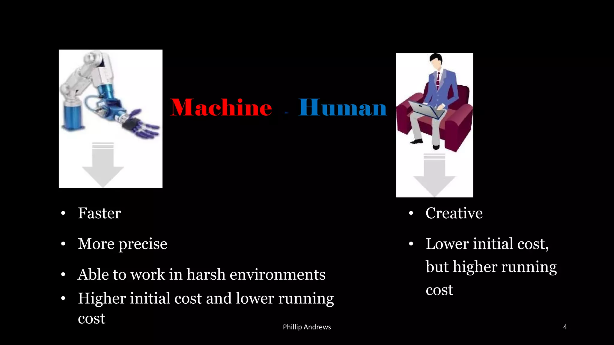 • Faster
• More precise
• Able to work in harsh environments
• Creative
• Lower initial cost,
but higher running
cost
• Higher initial cost and lower running
cost
Machine - Human
Phillip Andrews 4
 