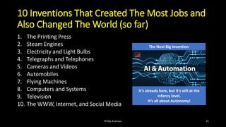 10 Inventions That Created The Most Jobs and
Also Changed The World (so far)
1. The Printing Press
2. Steam Engines
3. Electricity and Light Bulbs
4. Telegraphs and Telephones
5. Cameras and Videos
6. Automobiles
7. Flying Machines
8. Computers and Systems
9. Television
10. The WWW, Internet, and Social Media
Phillip Andrews 25
The Next Big Invention
It’s already here, but it’s still at the
infancy level.
It’s all about Autonomy!
 