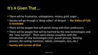 It’s A Given That …
• There will be frustration, unhappiness, misery, grief, anger …
• Society will go through a “deep valley” of despair --- the Valley of FUD
is inevitable
• There will be people that will perish along with their professions
• There will be people that will be harmed by the new technologies and
the “new norm(s)”. There were always casualties with the
introduction of new technologies (incl. punch presses, forming
presses, die casting machines, robots, conveyors, cars, etc.)
• Society will survive all that
Phillip Andrews 36
 