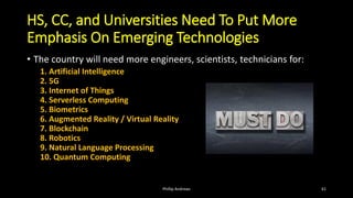 HS, CC, and Universities Need To Put More
Emphasis On Emerging Technologies
• The country will need more engineers, scientists, technicians for:
1. Artificial Intelligence
2. 5G
3. Internet of Things
4. Serverless Computing
5. Biometrics
6. Augmented Reality / Virtual Reality
7. Blockchain
8. Robotics
9. Natural Language Processing
10. Quantum Computing
Phillip Andrews 61
 