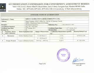 ACCREDITATION COMMISSION FOR CONFORMITYASSESSMENT BODIES
Suite # 114, Level 1, Master Mind IV,Royal Palms, Aarey Colony, Goregaon East, Mumbai 400 065, India.
Telefax: 022 - 2879 4410, 2879 4411, 2879 4412, URL:www.accab.org E-Mail: info@accab.org
BiiitHmlll ._ . ... .
ANNEXURE: SCOPE OF ACCREDITATION
Laboratory's Name:
Address:
Discipline:
Accreditation Standard:
Certificate Issue Date:
Revision No:
Sr.
No.
4
5
QRICS CALIBRATION LABORATORIES PVT. LTD.,
Paras Complex, GP/67, Office No. 7,8,9 & lO.Thermax Chowk,
MIDC, Chinchwad, Pune-411019,India.
Mechanical Quantities I
ISO/IEC 17025:2005
22nd October 2013 (
00 I
Parameter / Device Master Equipment Used
under Calibration
Durometer Rubber Hardness Tester
Torque Wrench Torque Calibration System
Range of Measurement
0-100 Shore A
0- 100 Shore D
1000 Nm- 2000 Nm
leference No.: ACCAB/IN/CL/1003
:ertificate Expiry Date: 21s1 Octc
Revision Date: Not App
* Calibration Measurement capability
(±)
1.2%
1.2%
0.26 %
)ber2014
icable
Remarks/Method Used
ASTM D 2240
IS / ISO 6789
Page 2 of 2 Authorized Signatory
ACCAB
 