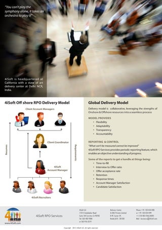 Delivery model is collaborative, leveraging the strengths of
Onshore & Oﬀshore resources into a seamless process
MODEL PROVIDES
Flexibility
Adaptability
Transparency
Accountability
REPORTING & CONTROL
“What can't be measured cannot be improved”
4iSoftRPOServicesprovidesperiodicreportingfeature,which
enablesanobjectiveunderstandingofprogress.
Some of the reports to get a handle at things being:
 Time-to- ll
 Interview to Oﬀer ratio
 Oﬀer acceptance rate
 Retention
 Response times
 Account Manager Satisfaction
 Candidate Satisfaction
Client Account Managers
Client Coordinator
4iSoft
Account Manager
4iSoft Recruiters
Requirements
Resumes“You can't play the
symphony alone, it takes an
orchestra to play it”
4iSoft Oﬀ shore RPO Delivery Model
www.4iSoft.com
Copyright 2012 4iSoft LLC. All rights reserved.
4iSoft LLC
17315 Studebaker Road
Suite 104 Cerritos CA 90703
Tel: 562-402-9300
or 562-916-3519
Delivery Center
4i ODC Private Limited
B 49, Sector 59,
Noida (U.P) - 201301
Phone +91 120 4541498
or +91 120 4541499
+1 510 402 4766 (VOIP)
Mail - business@4iSoft.com
4iSoft RPO Services
4iSoft is headquartered at
California with a state of art
delivery center at Delhi NCR,
India.
Global Delivery Model
 