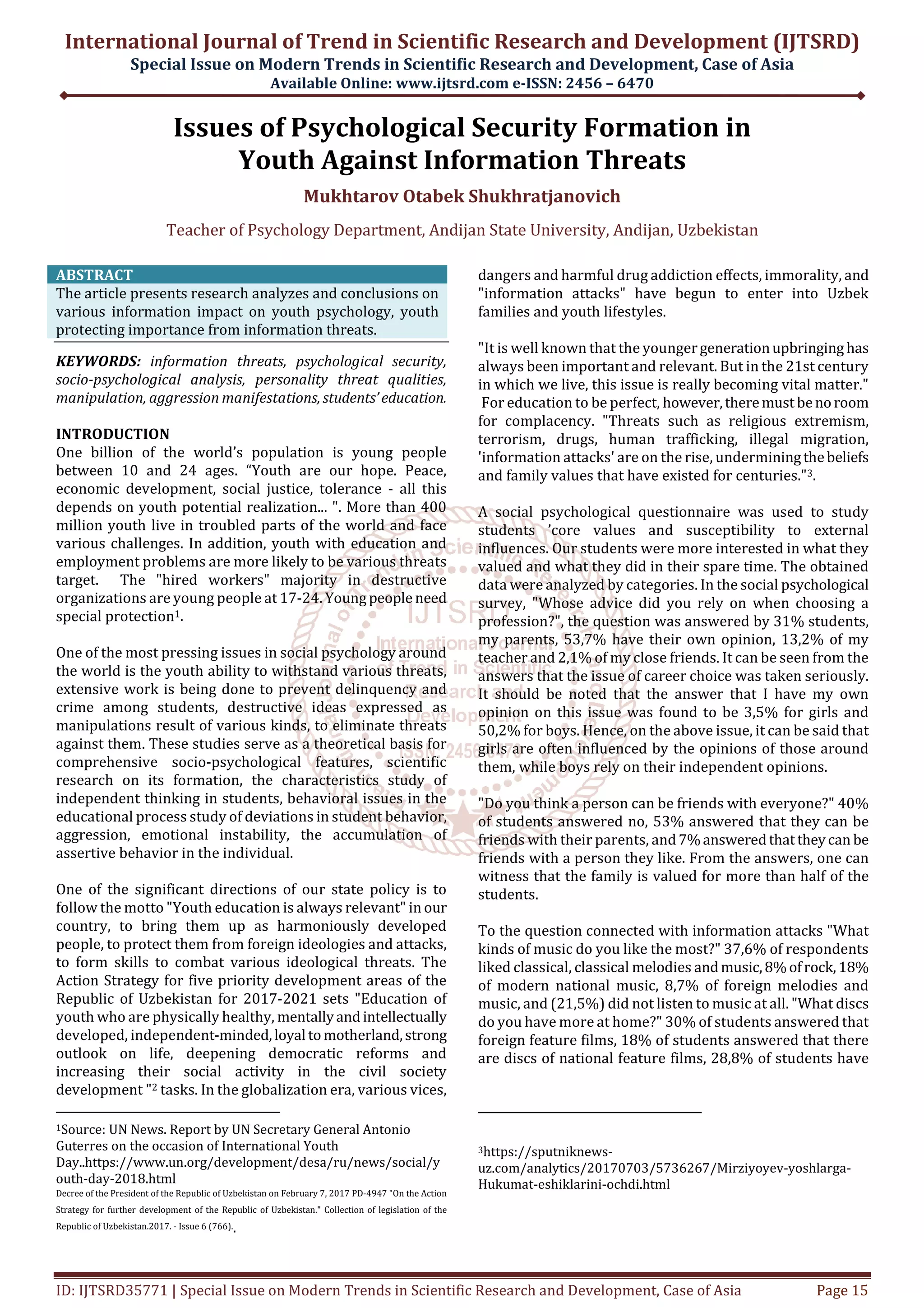Issues Of Psychological Security Formation In Youth Against Information Issues of psychological security formation in youth against information
