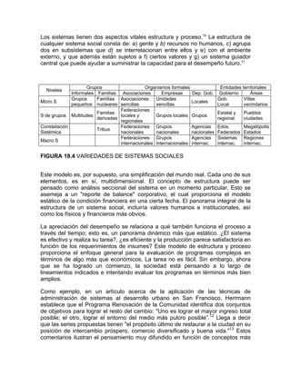 Los sistemas tienen dos aspectos vitales estructura y proceso.10
La estructura de
cualquier sistema social consta de: a) gente y b) recursos no humanos, c) agrupa
dos en subsistemas que d) se interrelacionan entre ellos y e) con el ambiente
externo, y que además están sujetos a f) ciertos valores y g) un sistema guiador
central que puede ayudar a suministrar la capacidad para el desempeño futuro.11
Grupos Organismos formales Entidades territoriales
Niveles
Informales Familias Asociaciones Empresas Dep. Gob. Gobierno Áreas
Micro S
Grupos
pequeños
Familias
nucleares
Asociaciones
sencillas
Unidades
sencillas
Locales
Gob.
Local
Villas
vecindarios
S de grupos Multitudes
Familias
derivadas
Federaciones
locales y
regionales
Grupos locales Grupos
Estatal y
regional
Pueblos
ciudades
Constelación
Sistémica
Tribus
Federaciones
nacionales
Grupos
nacionales
Agencias
nacionales
Edos.
Federados
Megalópolis
Estados
Macro S
Federaciones
internacionales
Grupos
internacionales
Agencias
internac.
Sistemas
internac.
Regiones
internac.
FIGURA 18.4 VARIEDADES DE SISTEMAS SOCIALES
Este modelo es, por supuesto, una simplificación del mundo real. Cada uno de sus
elementos, es en sí, multidimensional. El concepto de estructura puede ser
pensado como análisis seccional del sistema en un momento particular. Esto se
asemeja a un "reporte de balance" corporativo, el cual proporciona el modelo
estático de la condición financiera en una cierta fecha. El panorama integral de la
estructura de un sistema social, incluiría valores humanos e institucionales, así
como los físicos y financieros más obvios.
La apreciación del desempeño se relaciona a qué también funciona el proceso a
través del tiempo; esto es, un panorama dinámico más que estático. ¿El sistema
es efectivo y realiza su tarea?, ¿es eficiente y la producción parece satisfactoria en
función de los requerimientos de insumes? Este modelo de estructura y proceso
proporciona el enfoque general para la evaluación de programas complejos en
términos de algo más que económicos. La tarea no es fácil. Sin embargo, ahora
que se ha logrado un comienzo, la sociedad está pensando a lo largo de
lineamientos indicados e intentando evaluar los programas en términos más bien
amplios.
Como ejemplo, en un artículo acerca de la aplicación de las técnicas de
administración de sistemas al desarrollo urbano en San Francisco, Herrmann
establece que el Programa Renovación de la Comunidad identifica dos conjuntos
de objetivos para lograr el resto del cambio: "Uno es lograr el mayor ingreso total
posible; el otro, lograr el entorno del medio más pulcro posible”.12
Llega a decir
que las series propuestas tienen "el propósito último de restaurar a la ciudad en su
posición de intercambio próspero, comercio diversificado y buena vida."13
Estos
comentarios ilustran el pensamiento muy difundido en función de conceptos más
 