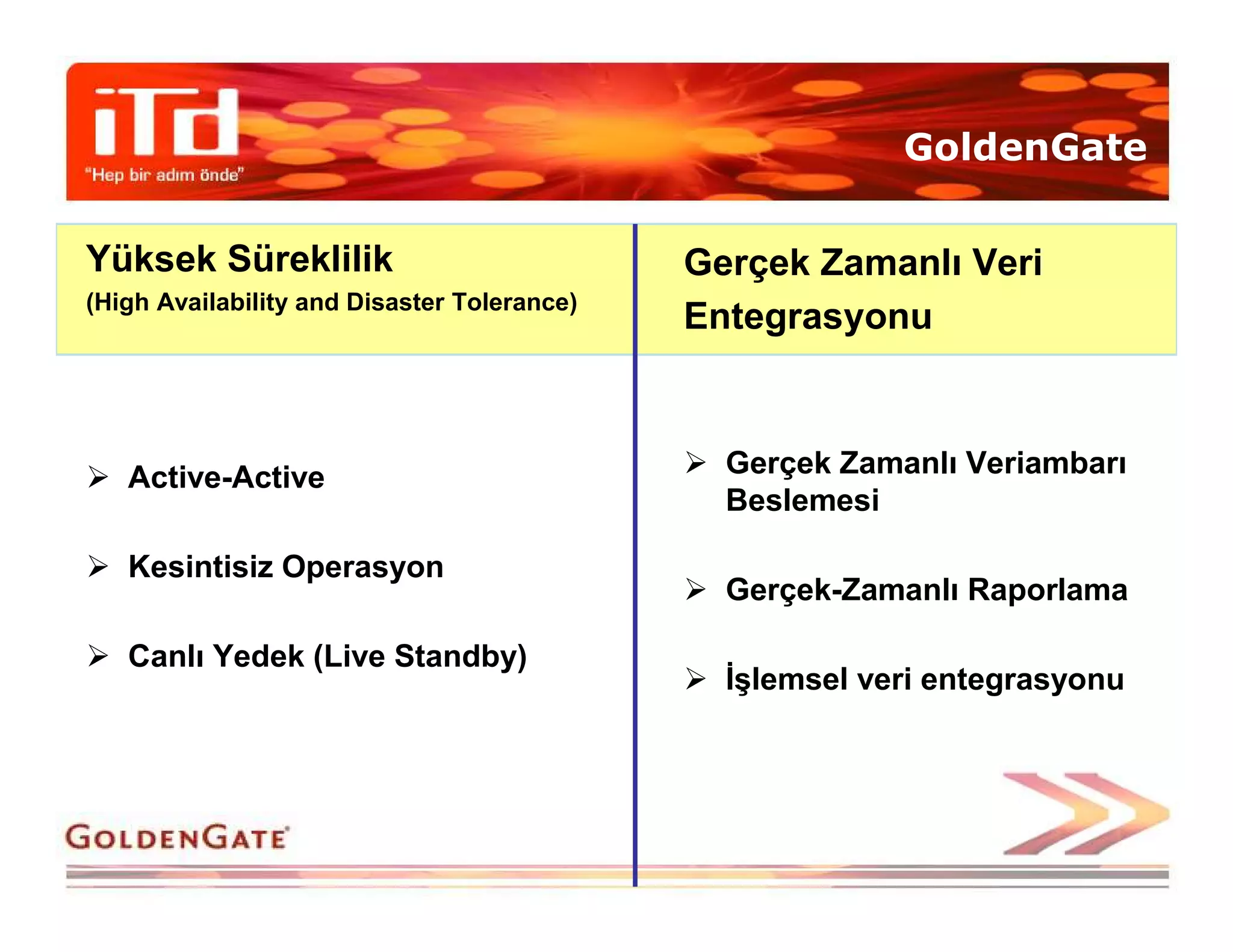 GoldenGate

Yüksek Süreklilik                            Gerçek Zamanlı Veri
(High Availability and Disaster Tolerance)
                                             Entegrasyonu



   Active-Active                               Gerçek Zamanlı Veriambarı
                                               Beslemesi

   Kesintisiz Operasyon
                                               Gerçek-Zamanlı Raporlama

   Canlı Yedek (Live Standby)
                                               Đşlemsel veri entegrasyonu
 