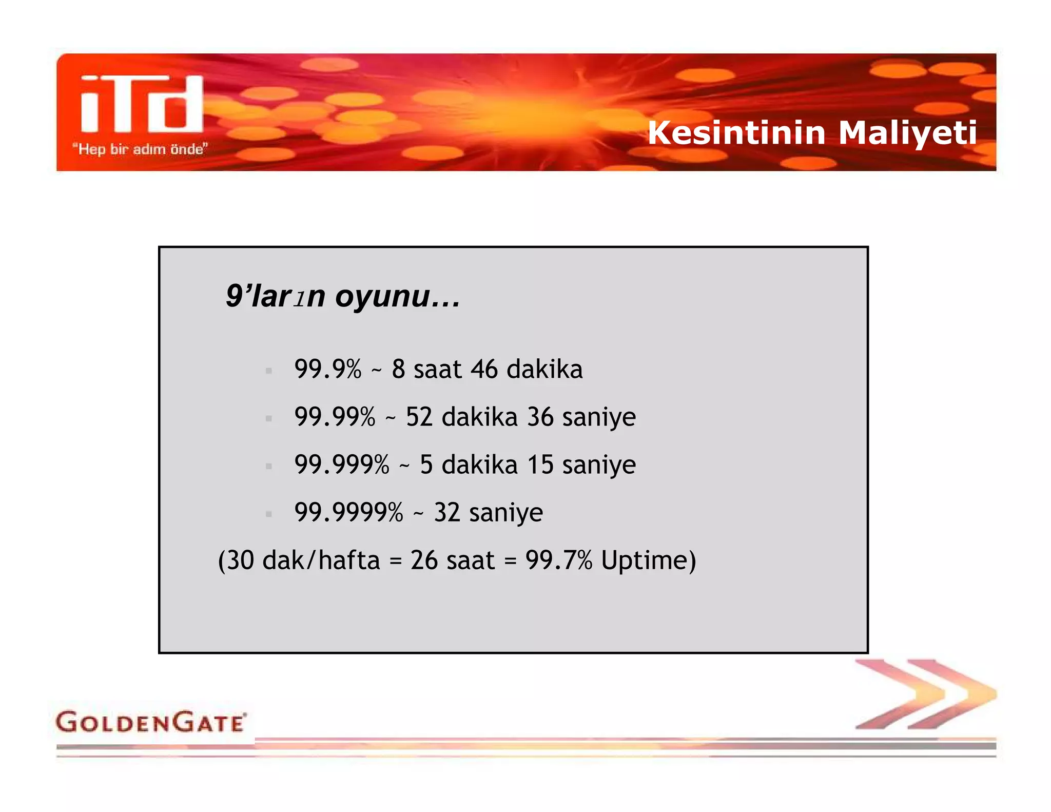 Kesintinin Maliyeti




9’ların oyunu…

      99.9% ~ 8 saat 46 dakika
      99.99% ~ 52 dakika 36 saniye
      99.999% ~ 5 dakika 15 saniye
      99.9999% ~ 32 saniye
(30 dak/hafta = 26 saat = 99.7% Uptime)
 