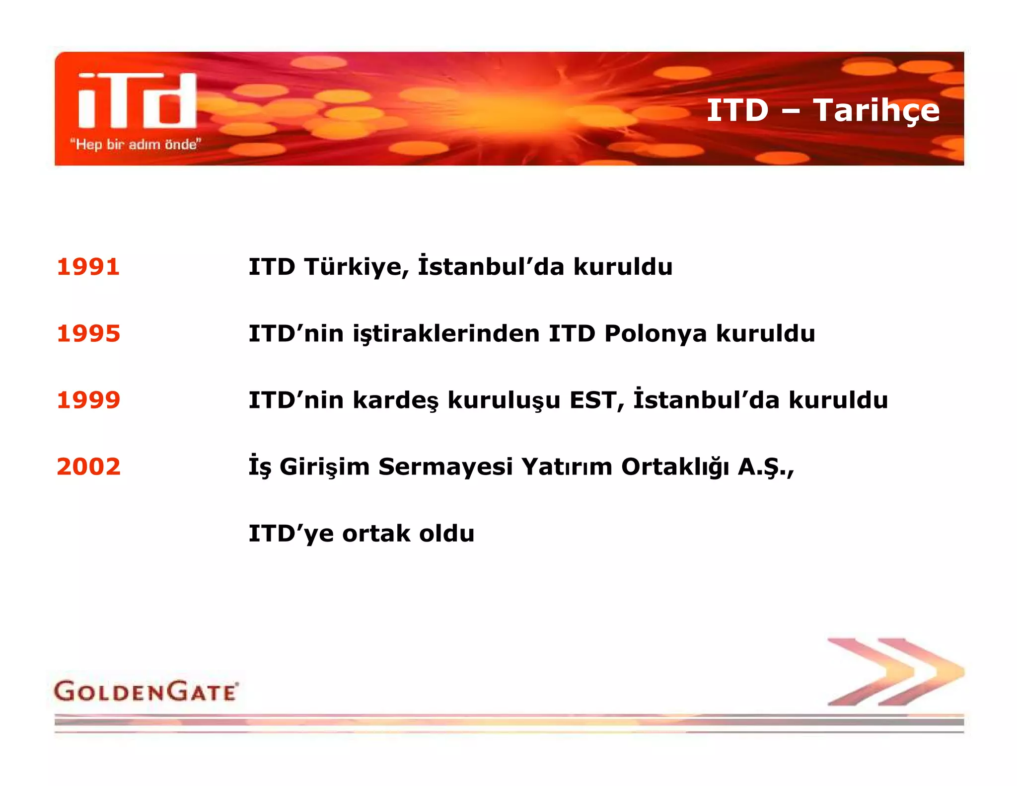 ITD – Tarihçe



1991   ITD Türkiye, Đstanbul’da kuruldu

1995   ITD’nin iştiraklerinden ITD Polonya kuruldu

1999   ITD’nin kardeş kuruluşu EST, Đstanbul’da kuruldu

2002   Đş Girişim Sermayesi Yatırım Ortaklığı A.Ş.,

       ITD’ye ortak oldu
 