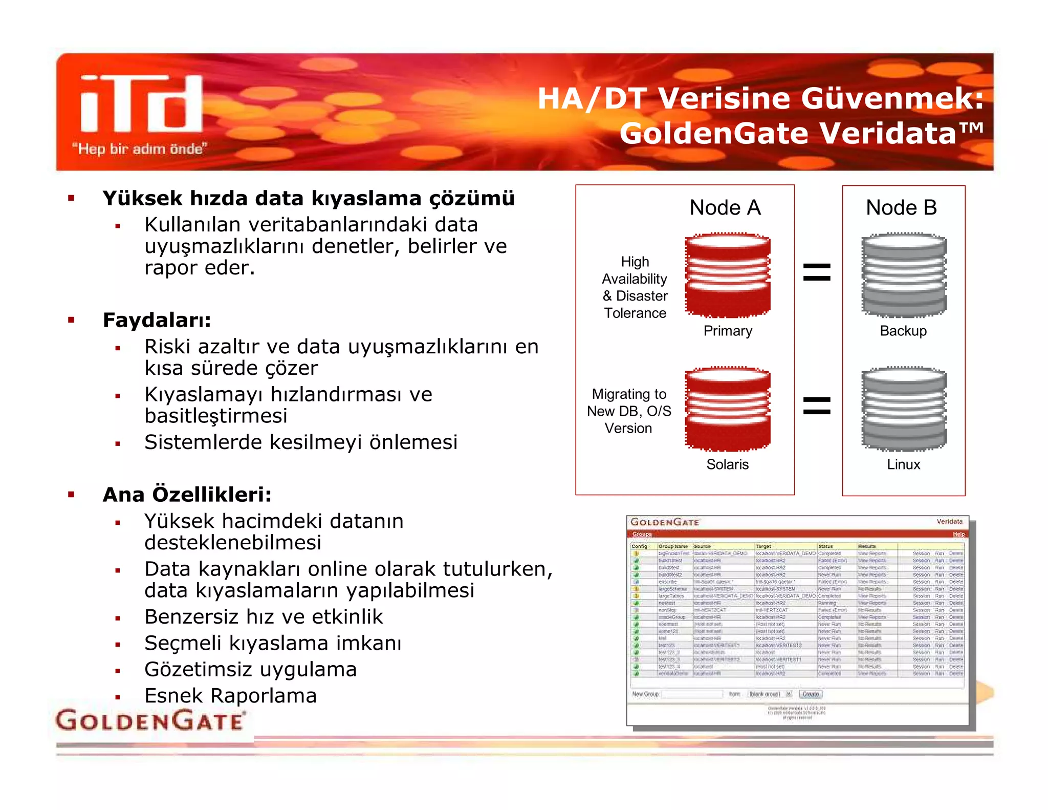 HA/DT Verisine Güvenmek:
                                                GoldenGate Veridata™

Yüksek hızda data kıyaslama çözümü                              Node A         Node B
   Kullanılan veritabanlarındaki data
   uyuşmazlıklarını denetler, belirler ve
   rapor eder.                                     High
                                                 Availability
                                                 & Disaster
                                                 Tolerance
                                                                           =
Faydaları:                                                       Primary        Backup
   Riski azaltır ve data uyuşmazlıklarını en
   kısa sürede çözer
   Kıyaslamayı hızlandırması ve
   basitleştirmesi
   Sistemlerde kesilmeyi önlemesi
                                                Migrating to
                                               New DB, O/S
                                                 Version
                                                                           =
                                                                 Solaris        Linux

Ana Özellikleri:
   Yüksek hacimdeki datanın
   desteklenebilmesi
   Data kaynakları online olarak tutulurken,
   data kıyaslamaların yapılabilmesi
   Benzersiz hız ve etkinlik
   Seçmeli kıyaslama imkanı
   Gözetimsiz uygulama
   Esnek Raporlama
 