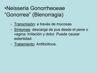 •Neisseria Gonorrheoeae
“Gonorrea” (Blenorragia)
  - Transmisión: a través de mucosas
  - Síntomas: descarga de pus desde el pene o
    vagina; Irritación y dolor. Puede causar
    esterilidad.
  - Tratamiento: Antibióticos.
 