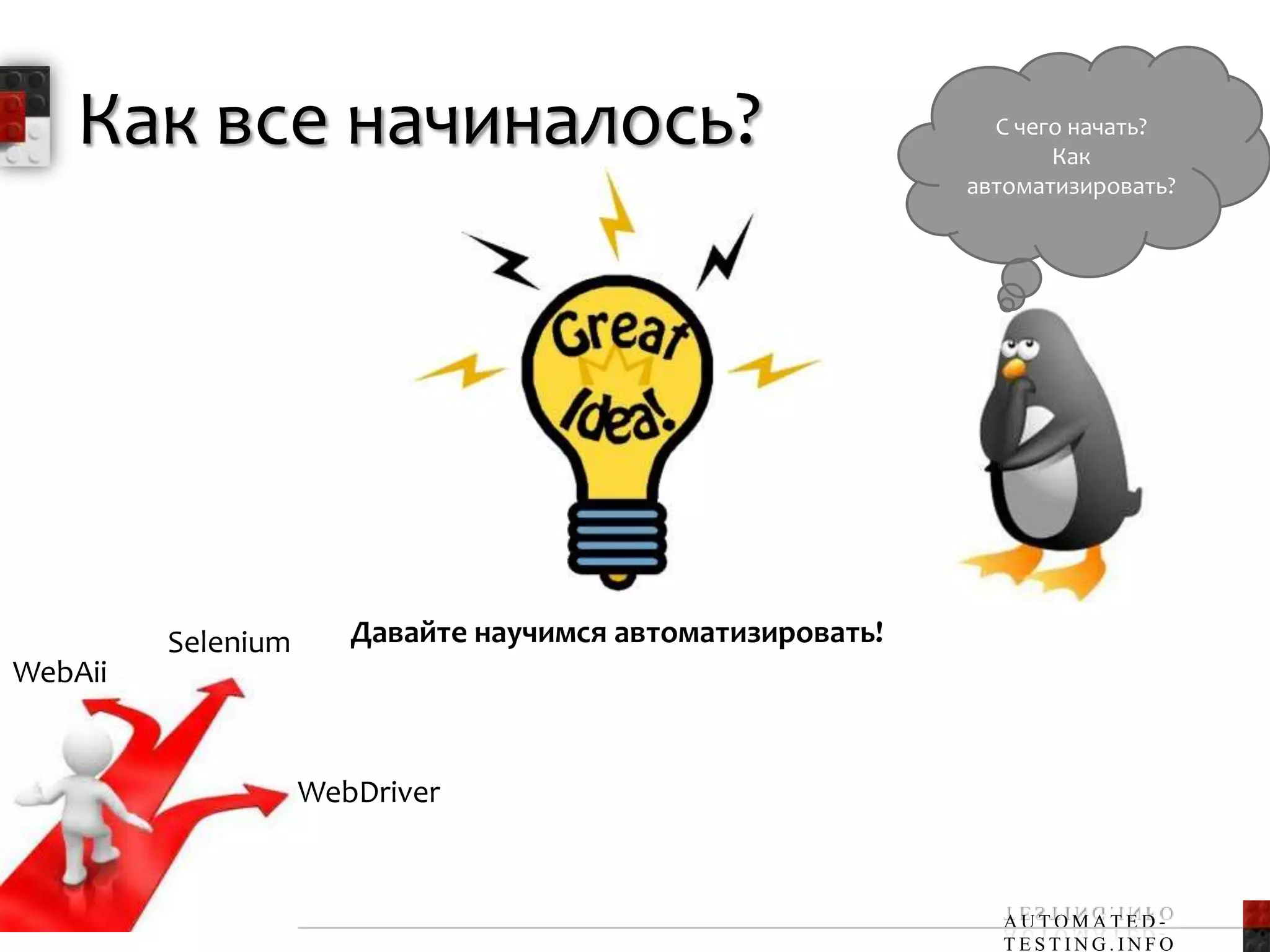Как все начиналось?                                      С чего начать?
                                                                   Как
                                                            автоматизировать?




         Selenium      Давайте научимся автоматизировать!
WebAii


                    WebDriver


 4                                                            AUTOMATED-
                                                              TESTING.INFO
 