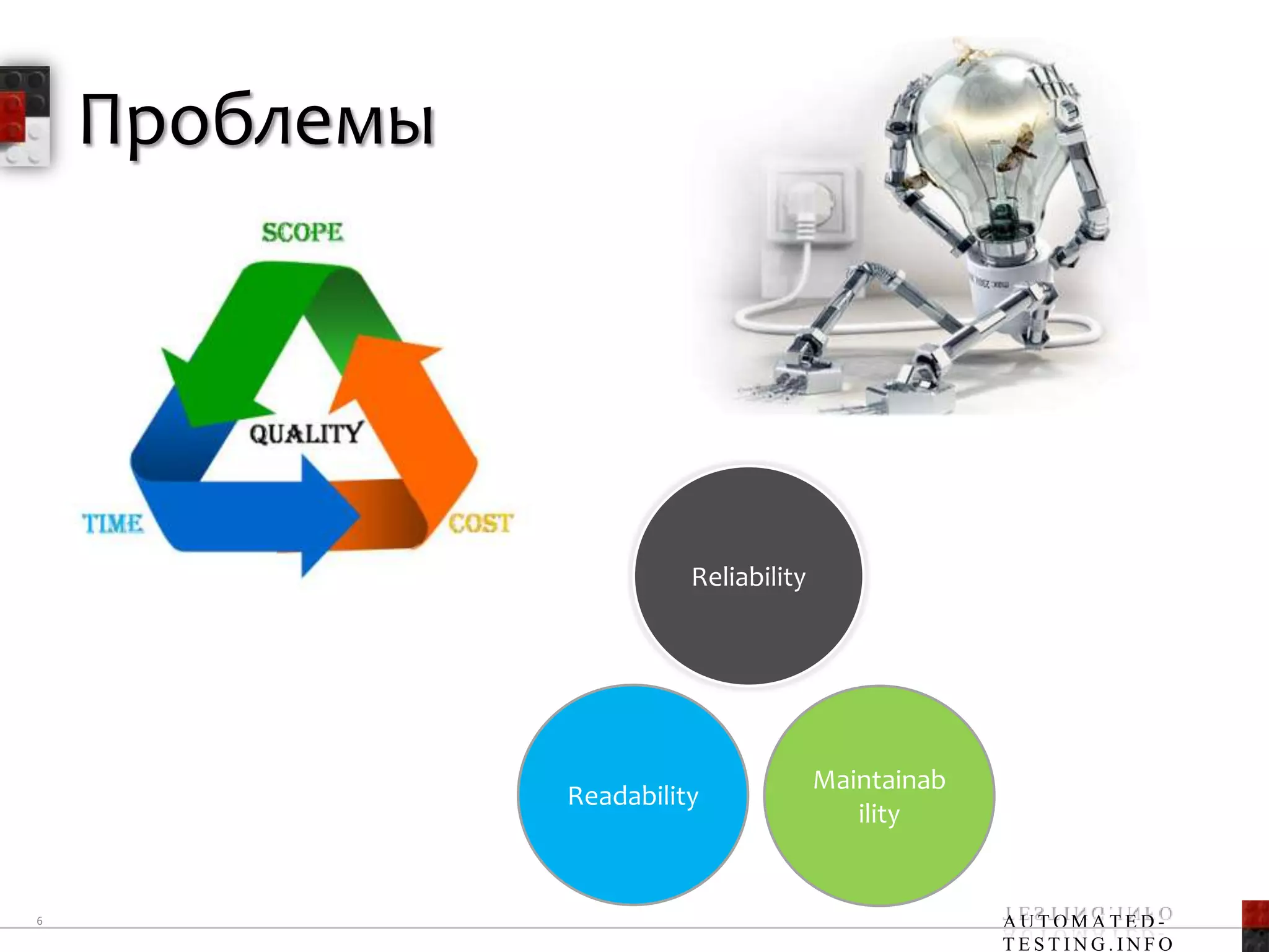 Проблемы




                         Reliability




                                       Maintainab
               Readability
                                          ility


6                                                   AUTOMATED-
                                                    TESTING.INFO
 