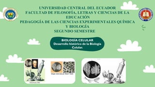 UNIVERSIDAD CENTRAL DEL ECUADOR
FACULTAD DE FILOSOFÍA, LETRAS Y CIENCIAS DE LA
EDUCACIÓN
PEDAGOGÍA DE LAS CIENCIAS EXPERIMENTALES QUÍMICA
Y BIOLOGÍA
SEGUNDO SEMESTRE
BIOLOGÍA CELULAR
Desarrollo histórico de la Biología
Celular.
 