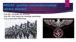 NSDAP. (partido nacionalsocialista
obrero alemán)
Se fundó en 1918. dentro del partido se formaron:
•Las SA. Unidades de defensa.
•Las SS. Una fuerza de combate paramilitar.
•Las juventudes hitlerianas.
 