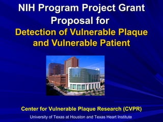 NIH Program Project GrantNIH Program Project Grant
Proposal forProposal for
Detection of Vulnerable PlaqueDetection of Vulnerable Plaque
and Vulnerable Patientand Vulnerable Patient
Center for Vulnerable Plaque Research (CVPR)
University of Texas at Houston and Texas Heart Institute
 