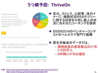 うつ病予防： ThriveOn
 気分、ストレス、心配事、体のイ
メージ、睡眠状況の5カテゴリー
に関する回答を分析し個人の状
況に合わせたコーチングを提供
 SXSW2014のベンチャーコンテ
ストのヘルスケア部門で優勝
 厚生労働省のデータでは、
– 精神疾患の患者数は2011年
に320万人
– 5年間に47％も増加
20
出典： http://www.businessinsider.com/thriveon-won-at-sxsw-2014-3
http://www.mhlw.go.jp/kokoro/speciality/data.html
 