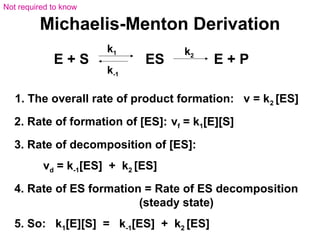 Not required to know 
Michaelis-Menton Derivation 
k1 k2 
k-1 
E + S ES E + P 
1. The overall rate of product formation: v = k2 [ES] 
2. Rate of formation of [ES]: vf = k1[E][S] 
3. Rate of decomposition of [ES]: 
vd = k-1[ES] + k2 [ES] 
4. Rate of ES formation = Rate of ES decomposition 
(steady state) 
5. So: k1[E][S] = k-1[ES] + k2 [ES] 
 