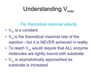 Understanding Vmax 
The theoretical maximal velocity 
• Vmax is a constant 
• Vmax is the theoretical maximal rate of the 
reaction - but it is NEVER achieved in reality 
• To reach Vmax would require that ALL enzyme 
molecules are tightly bound with substrate 
• Vmax is asymptotically approached as 
substrate is increased 
 