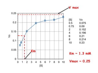 Vo [S] 
B 
B 
B 
B 
B B 
B 
0.25 
0.2 
0.15 
0.1 
0.05 
0 
0 1 2 3 4 5 6 7 8 9 10 
V max 
[S] Vo 
0.5 0.075 
0.75 0.09 
2 0.152 
4 0.196 
6 0.21 
8 0.214 
10 0.23 
Km 
Km ~ 1.3 mM 
Vmax ~ 0.25 
 