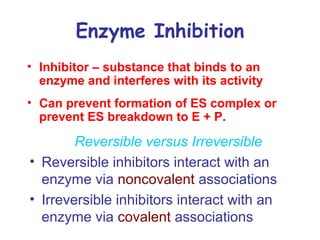 Enzyme Inhibition 
• Inhibitor – substance that binds to an 
enzyme and interferes with its activity 
• Can prevent formation of ES complex or 
prevent ES breakdown to E + P. 
Reversible versus Irreversible 
• Reversible inhibitors interact with an 
enzyme via noncovalent associations 
• Irreversible inhibitors interact with an 
enzyme via covalent associations 
 