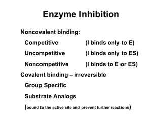 Enzyme Inhibition 
Noncovalent binding: 
Competitive (I binds only to E) 
Uncompetitive (I binds only to ES) 
Noncompetitive (I binds to E or ES) 
Covalent binding – irreversible 
Group Specific 
Substrate Analogs 
(bound to the active site and prevent further reactions) 
 