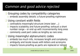 john@ItsNotExactlyRocket.Science 10/50
Common and good advice rejected
1 Grouping codes by compatibility categories
a embeds assembly details: a future-proofing nightmare
2 Using constant width fields
a contradicts meaningful structure (more later …)
b impacts scalability and future-proofing: exhaust a short
number range – or end up with inconveniently long ones
c commonly used part codes as lengthy as rare ones
3 Using meaningful alphanumeric codes
a embeds too much info, increases length and complexity
b ambiguity and locale issues with letters and acronyms
c impacts future-proofing as parts are replaced or retired
 