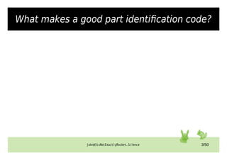 john@ItsNotExactlyRocket.Science 3/50
What makes a good part identification code?
 