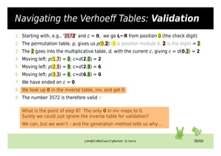 john@ItsNotExactlyRocket.Science 35/50
Navigating the Verhoeff Tables: Validation
1 Starting with, e.g., ‘3572’ and c = 0, we go L R
🠔 from position 0 (the check digit)
2 The permutation table, p, gives us p(0,2) (0 is position modulo 8, 2 is the digit) = 2
3 The 2 goes into the multiplicative table, d, with the current c, giving c = d(0,2) = 2
4 Moving left: p(1,7) = 0; c=d(2,0) = 2
5 Moving left: p(2,5) = 9; c=d(2,9) = 6
6 Moving left: p(3,3) = 6; c=d(6,6) = 0
7 We have ended on c = 0
8 We look up 0 in the inverse table, inv, and get 0
9 The number 3572 is therefore valid ✓
What is the point of step 8? The only 0 in inv maps to 0.
Surely we could just ignore the inverse table for validation?
We can, but we won’t – and the generation method tells us why…
 