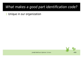 john@ItsNotExactlyRocket.Science 4/50
What makes a good part identification code?
1 Unique in our organization
 