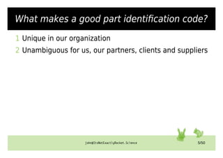 john@ItsNotExactlyRocket.Science 5/50
What makes a good part identification code?
1 Unique in our organization
2 Unambiguous for us, our partners, clients and suppliers
 