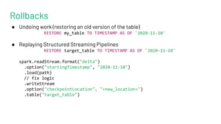 Rollbacks
● Undoing work (restoring an old version of the table)
RESTORE my_table TO TIMESTAMP AS OF '2020-11-10'
● Replaying Structured Streaming Pipelines
RESTORE target_table TO TIMESTAMP AS OF '2020-11-10'
spark.readStream.format("delta")
.option("startingTimestamp", "2020-11-10")
.load(path)
// fix logic
.writeStream
.option("checkpointLocation", "<new_location>")
.table("target_table")
 