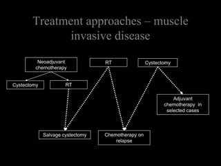 Treatment approaches – muscle invasive diseaseNeoadjuvant chemotherapyRTCystectomyRTCystectomyAdjuvant chemotherapy  in selected casesChemotherapy on relapseSalvage cystectomy