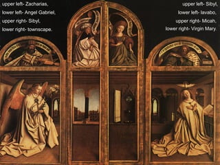 upper left- Zacharias,  lower left- Angel Gabriel,  upper right- Sibyl,  lower right- townscape.  upper left- Sibyl, lower left- lavabo,  upper right- Micah,  lower right- Virgin Mary .  