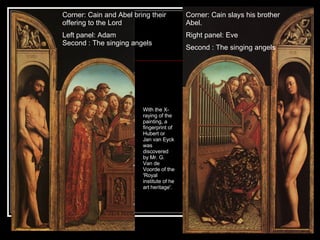 Corner: Cain and Abel bring their offering to the Lord  Left panel: Adam Second : The singing angels With the X-raying of the painting, a fingerprint of Hubert or Jan van Eyck was discovered by Mr. G. Van de Voorde of the 'Royal institute of he art heritage'. Corner: Cain slays his brother Abel.  Right panel: Eve Second : The singing angels 