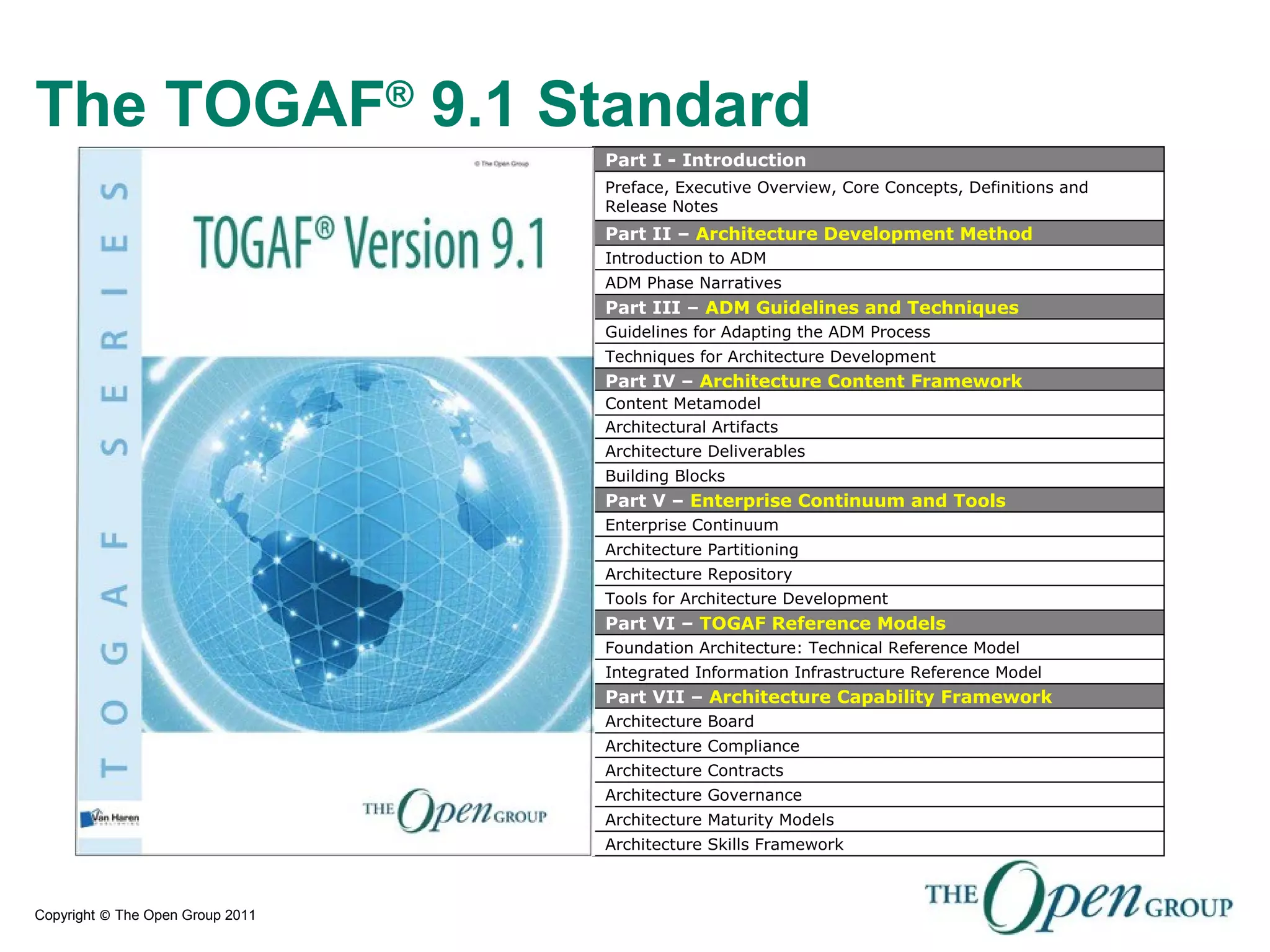 Copyright © The Open Group 2011
Part I - Introduction
Part II – Architecture Development Method
Part III – ADM Guidelines and Techniques
Part IV – Architecture Content Framework
Part V – Enterprise Continuum and Tools
Part VI – TOGAF Reference Models
Part VII – Architecture Capability Framework
Preface, Executive Overview, Core Concepts, Definitions and
Release Notes
Introduction to ADM
ADM Phase Narratives
Architectural Artifacts
Architecture Deliverables
Building Blocks
Guidelines for Adapting the ADM Process
Techniques for Architecture Development
Enterprise Continuum
Architecture Partitioning
Architecture Repository
Tools for Architecture Development
Foundation Architecture: Technical Reference Model
Integrated Information Infrastructure Reference Model
Architecture Board
Architecture Compliance
Architecture Contracts
Architecture Governance
Architecture Maturity Models
Architecture Skills Framework
Content Metamodel
The TOGAF®
9.1 Standard
 