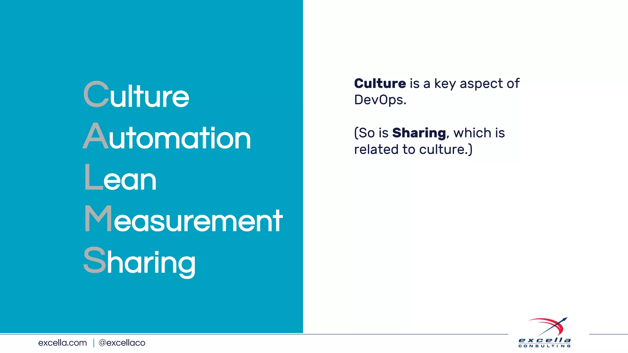 excella.com | @excellaco
Culture is a key aspect of
DevOps.
(So is Sharing, which is
related to culture.)
Culture
Automation
Lean
Measurement
Sharing
 
