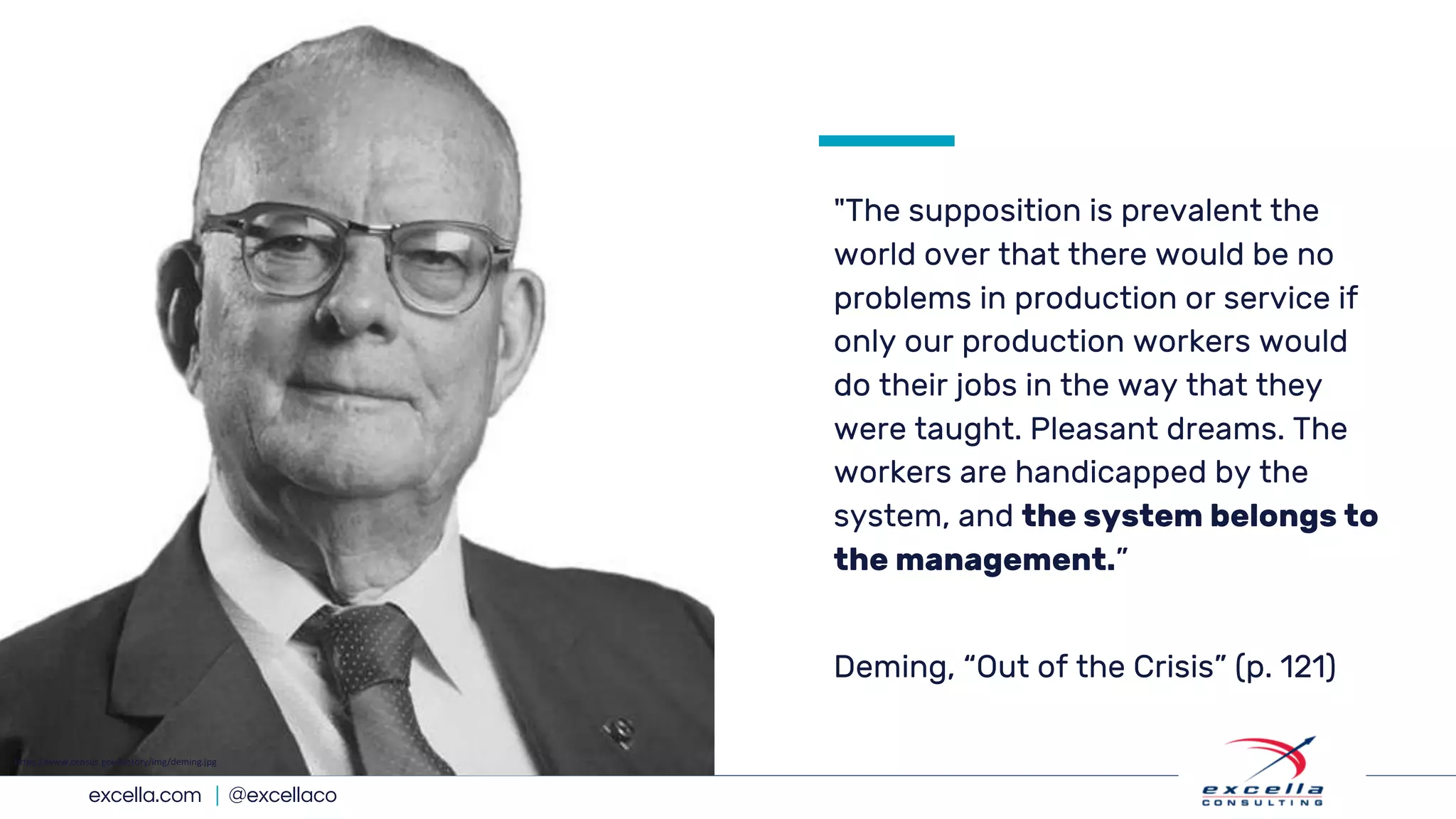 excella.com | @excellaco
"The supposition is prevalent the
world over that there would be no
problems in production or service if
only our production workers would
do their jobs in the way that they
were taught. Pleasant dreams. The
workers are handicapped by the
system, and the system belongs to
the management.”
Deming, “Out of the Crisis” (p. 121)
https://www.census.gov/history/img/deming.jpg
 