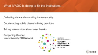 What IVADO is doing to fix the institutions…
Collecting data and consulting the community
Counteracting subtle biases in hiring practices
Taking into consideration career breaks
Supporting Quebec
Interuniversity EDI Network
 