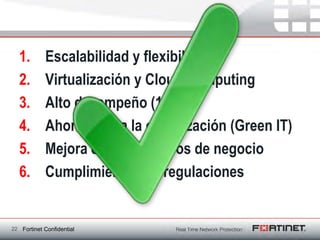 1.        Escalabilidad y flexibilidad
  2.        Virtualización y Cloud Computing
  3.        Alto desempeño (10 GE)
  4.        Ahorros para la organización (Green IT)
  5.        Mejora en los procesos de negocio
  6.        Cumplimiento con regulaciones


22 Fortinet Confidential
 