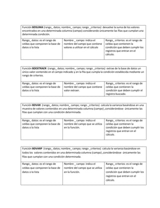 Función BDSUMA (rango_ datos; nombre_ campo; rango _criterios) devuelve la suma de los valores
encontrados en una determinada columna (campo) considerando únicamente las filas que cumplan una
determinada condición.
Rango_ datos: es el rango de
celdas que componen la base de
datos o la lista
Nombre _ campo: indica el
nombre del campo que contiene
valores a utilizar en el cálculo
Rango_ criterios: es el rango de
celdas que contienen la
condición que deben cumplir los
registros que entran en el
cálculo.
Función BDEXTRAER (rango_ datos; nombre_ campo; rango _criterios) extrae de la base de datos un
único valor contenido en el campo indicado y en la fila que cumpla la condición establecida mediante un
rango de criterios.
Rango_ datos: es el rango de
celdas que componen la base de
datos o la lista
Nombre _ campo: indica el
nombre del campo que contiene
valor extraer.
Rango_ criterios: es el rango de
celdas que contienen la
condición que deben cumplir el
registro buscado.
Función BDVAR (rango_ datos; nombre_ campo; rango _criterios) calcula la varianza basándose en una
muestra de valores contenidos en una determinada columna (campo) ,considerándose únicamente las
filas que cumplan con una condición determinada.
Rango_ datos: es el rango de
celdas que componen la base de
datos o la lista
Nombre _ campo: indica el
nombre del campo que se utiliza
en la función.
Rango_ criterios: es el rango de
celdas que contienen la
condición que deben cumplir los
registros que entran en el
cálculo.
Función BDVARP (rango_ datos; nombre_ campo; rango _criterios) calcula la varianza basándose en
todos los valores contenidos en una determinada columna (campo) ,considerándose únicamente las
filas que cumplan con una condición determinada.
Rango_ datos: es el rango de
celdas que componen la base de
datos o la lista
Nombre _ campo: indica el
nombre del campo que se utiliza
en la función.
Rango_ criterios: es el rango de
celdas que contienen la
condición que deben cumplir los
registros que entran en el
cálculo.
 