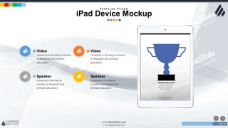 w w w . D o m a i n . c o m Page 10
www.MainSlide.com
© All Rights Reserved.
Confidential
Speaker
Creativity is the key to
success in the great and
primary education
Video
Creativity is the key to success
in the great and primary
education
Speaker
Creativity is the key to
success in the great and
primary education
Video
Creativity is the key to success
in the great and primary
education
F e a t u r e s S l i d e s
iPad Device Mockup
 
