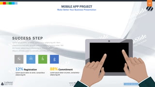 w w w . D o m a i n . c o m Page 15
www.MainSlide.com
© All Rights Reserved.
Confidential
MOBILE APP PROJECT
Make Better Your Business Presentation
15
SUCCESS STEP
Lorem ipsum dolor sit amet, consectetur adipiscing elit. Nam
viverra euismod odio, gravida pellentesque urna varius vitae. Sed
dui lorem, adipiscing in adipiscing et, interdum nec metus.
Mauris ultricies, justo eu convallis placerat, felis enim ornare nisi.
Ñ Ĥ ĥ ġ
12% Registration
Lorem ipsum dolor sit amet, consectetur
adipiscing elit.
88% Commitment
Lorem ipsum dolor sit amet, consectetur
adipiscing elit.
 