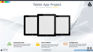 w w w . D o m a i n . c o m Page 2
www.MainSlide.com
© All Rights Reserved.
Confidential
Tablet App Project
Put a relevant subtitle in this line
Connection User
Lorem ipsum dolor sit amet, consectetur
adipiscing elit. Sed imperdiet tincidunt
velit laoreet facilisis.
Secret Cabinet
Lorem ipsum dolor sit amet, consectetur
adipiscing elit. Sed imperdiet tincidunt
velit laoreet facilisis.
Configuration
Lorem ipsum dolor sit amet, consectetur
adipiscing elit. Sed imperdiet tincidunt
velit laoreet facilisis.
 