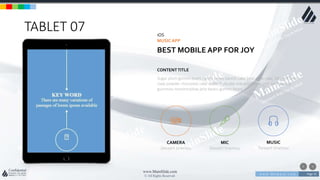 w w w . D o m a i n . c o m Page 35
www.MainSlide.com
© All Rights Reserved.
Confidential
TABLET 07 iOS
MUSICAPP
BEST MOBILE APP FOR JOY
Sugar plum gummi bears candy canes danish cake bear claw cake. Dessert bear
claw powder chocolate cake wafer fruitcake macaroon tart croissant. Pastry
gummies marshmallow jelly beans gummi bears
CONTENTTITLE
CAMERA
Dessert tiramisu
MIC
Dessert tiramisu
MUSIC
Dessert tiramisu
 