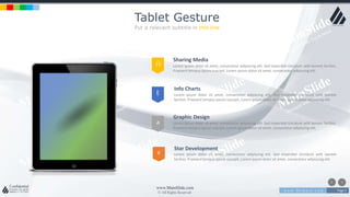 w w w . D o m a i n . c o m Page 4
www.MainSlide.com
© All Rights Reserved.
Confidential
Tablet Gesture
Put a relevant subtitle in this line
Ĥ
E
a
Sharing Media
Lorem ipsum dolor sit amet, consectetur adipiscing elit. Sed imperdiet tincidunt velit laoreet facilisis.
Praesent tempus ipsum suscipit, Lorem ipsum dolor sit amet, consectetur adipiscing elit.
Info Charts
Lorem ipsum dolor sit amet, consectetur adipiscing elit. Sed imperdiet tincidunt velit laoreet
facilisis. Praesent tempus ipsum suscipit, Lorem ipsum dolor sit amet, consectetur adipiscing elit.
Graphic Design
Lorem ipsum dolor sit amet, consectetur adipiscing elit. Sed imperdiet tincidunt velit laoreet facilisis.
Praesent tempus ipsum suscipit, Lorem ipsum dolor sit amet, consectetur adipiscing elit.
Star Development
Lorem ipsum dolor sit amet, consectetur adipiscing elit. Sed imperdiet tincidunt velit laoreet
facilisis. Praesent tempus ipsum suscipit, Lorem ipsum dolor sit amet, consectetur adipiscing elit.
e
 